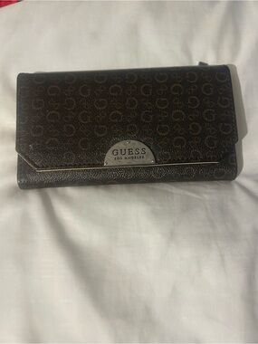 GUESS Brown Logo-Print Continental Wallet with Metal Plate